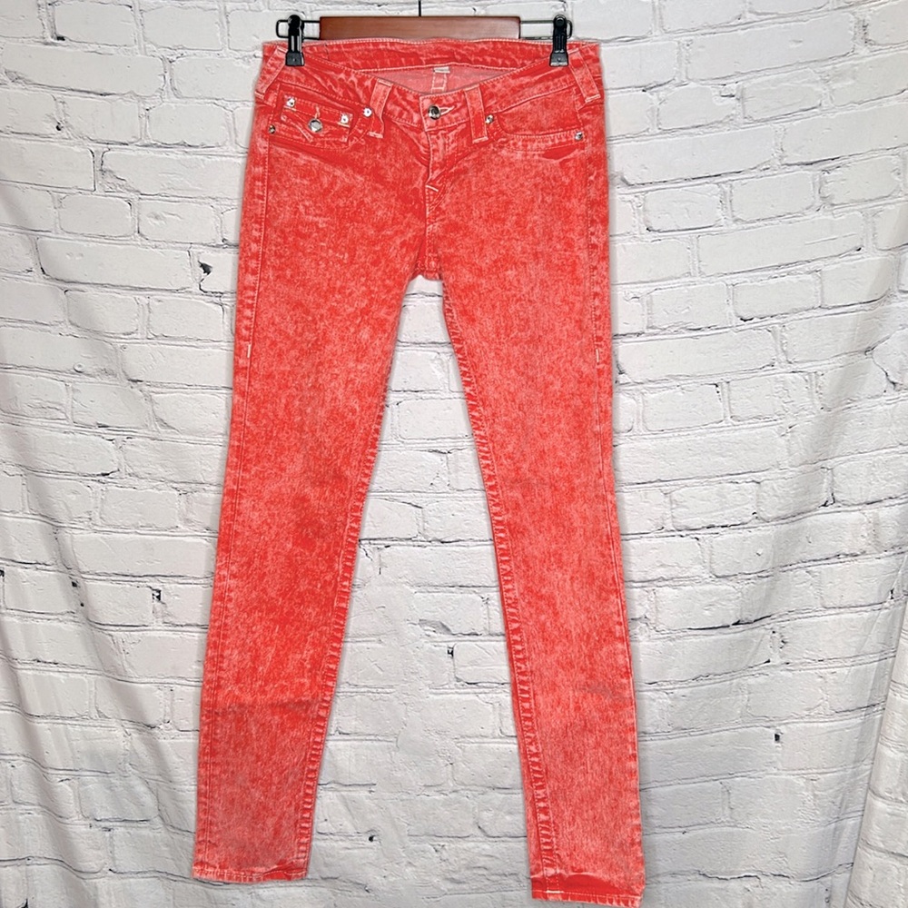 True Religion Skinny White-Washed Red Jeweled Jeans Size 29 Excellent Condition